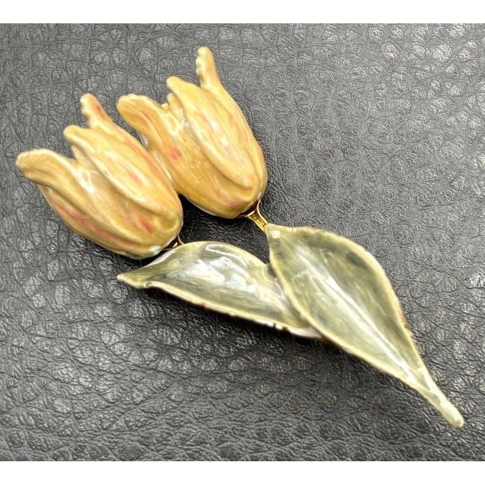 Vintage Enamel Tulip Flower Bouquet Brooch Pin Gold Tone